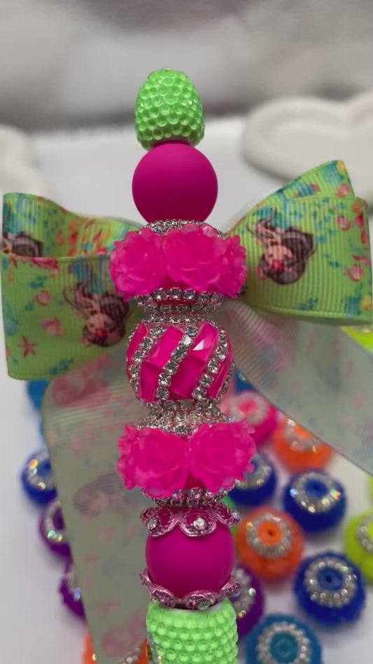 Beaded beadable fancy flower beads neon colored with rhinestone chain,random mix