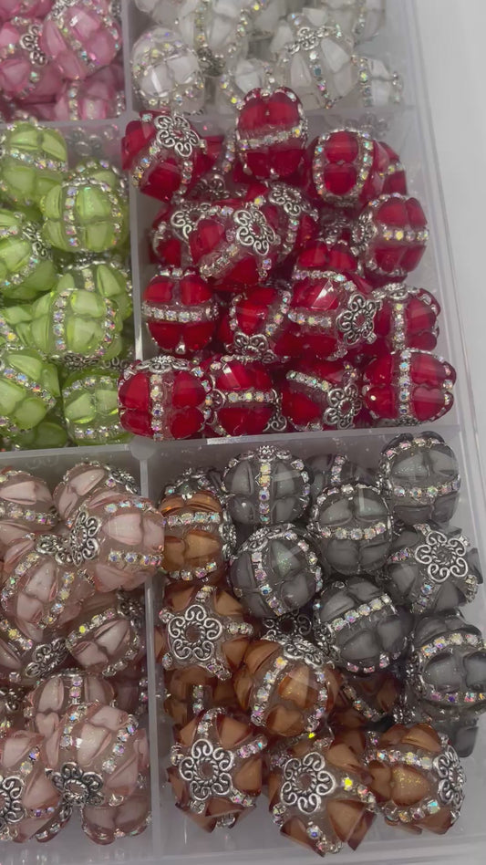 beaded beadable fancy lantern beads ornaments with rhinestones chain and metal bead cap ,random mix