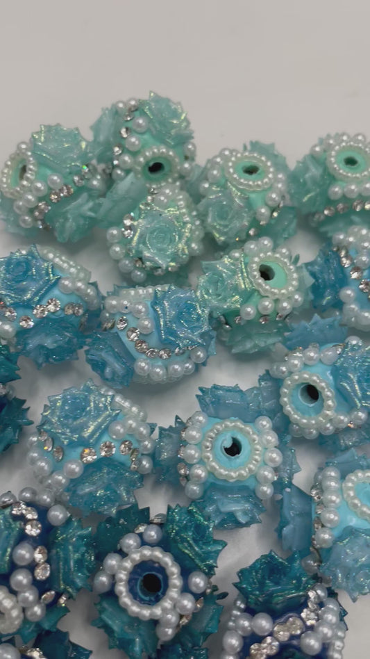 Teal Flower beads with pearl spacer clay bead