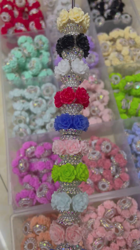 Beaded flower beads with silver rhinestone chain ,colored,random mix