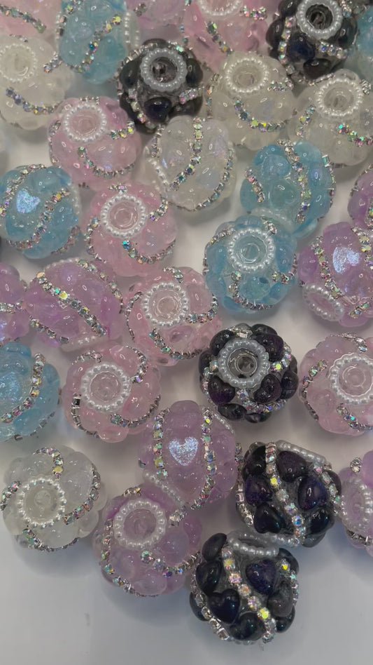 fancy bead clear acrylic base bead ornaments with rhinestone chain and acrylic heart shape and pearl ,random mix color