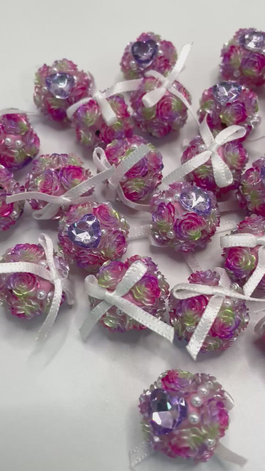 diy bow flower beads ornament with heart shape stone ,colored,random mix