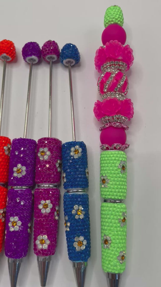 Beaded beadable fancy flower rhinestone pen neon color pen ,random mix