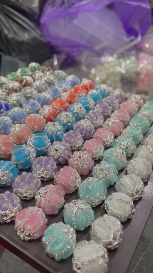 Restock more colors -beaded beadable craft fancy bubble shape cat eye  stone beads  ornaments with pearl and rhineston chain and metallic bead cap cover the top and bottom ,random mix ,colored