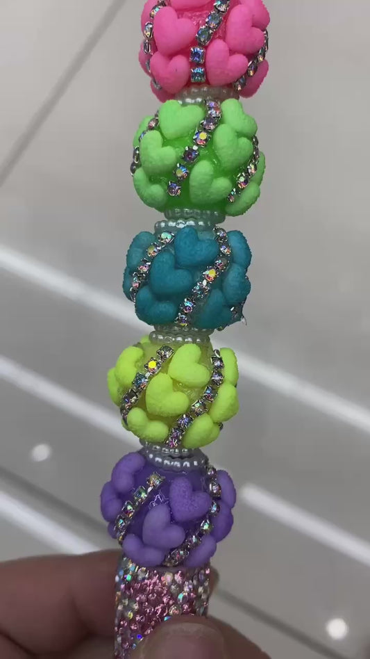 beaded beadable fuzzy heart beads neon bead heart beads with silver rhinestone chain fancy beads