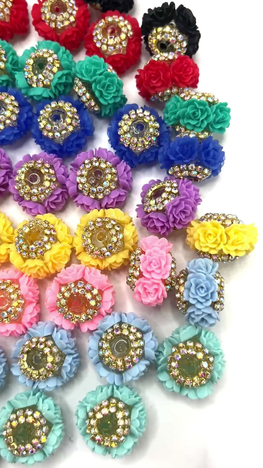 rose flower hard rose beads rose beads with gold color rhinestone chain,colored ,random mix