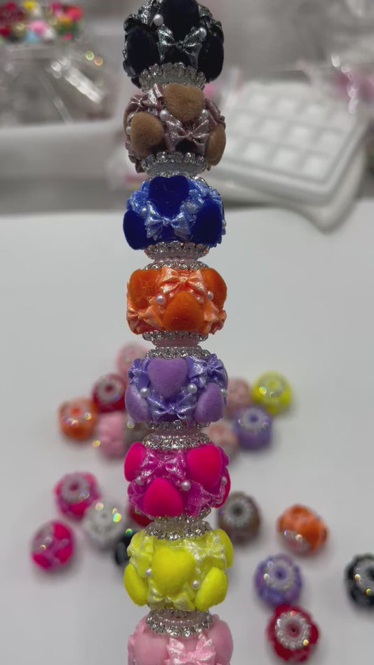 diy beaded beadable fancy beads fuzzy flocked ornaments with acrylic bow and pearl and rhinestone chain