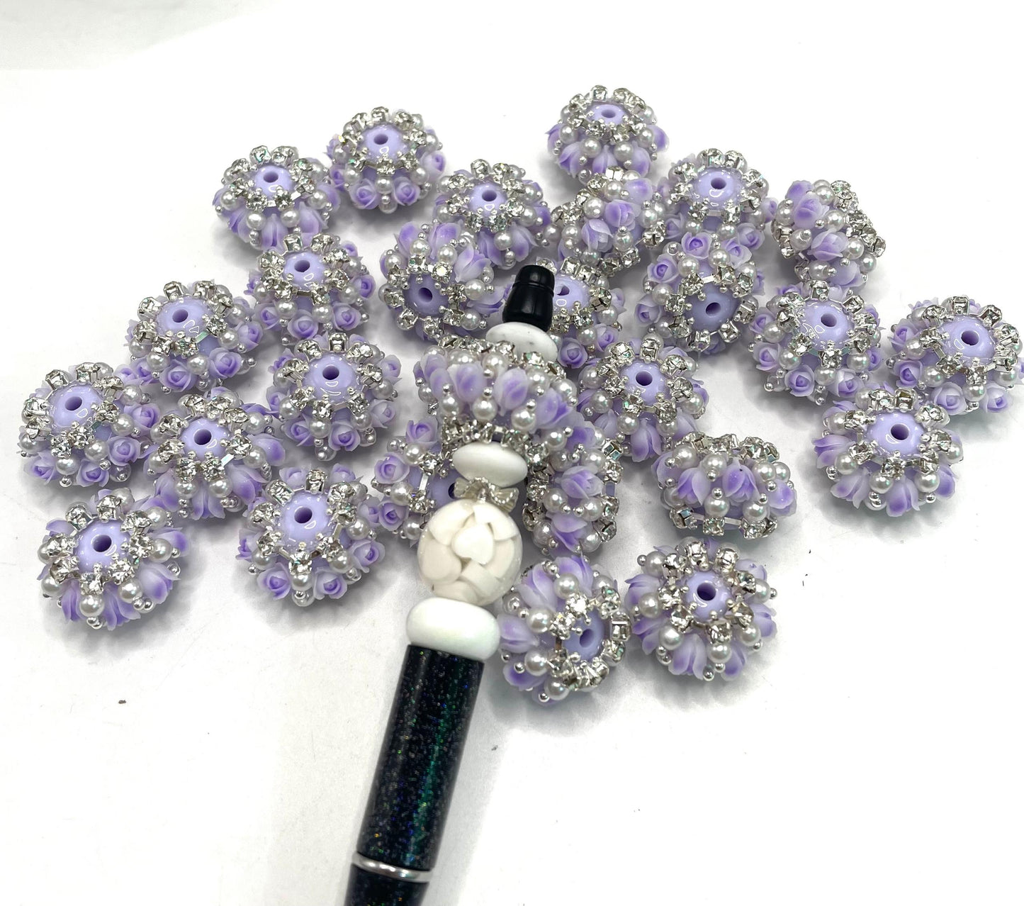 fancy Flower tulip flower acrylic solid bead base ornament with tulip flower Chain rhinestone Pearl  24mm Random Mix