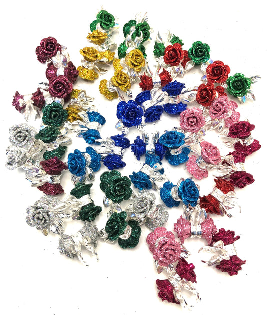 alloy metallic fancy rose flower with the glitter on petal fancy beads ,colored