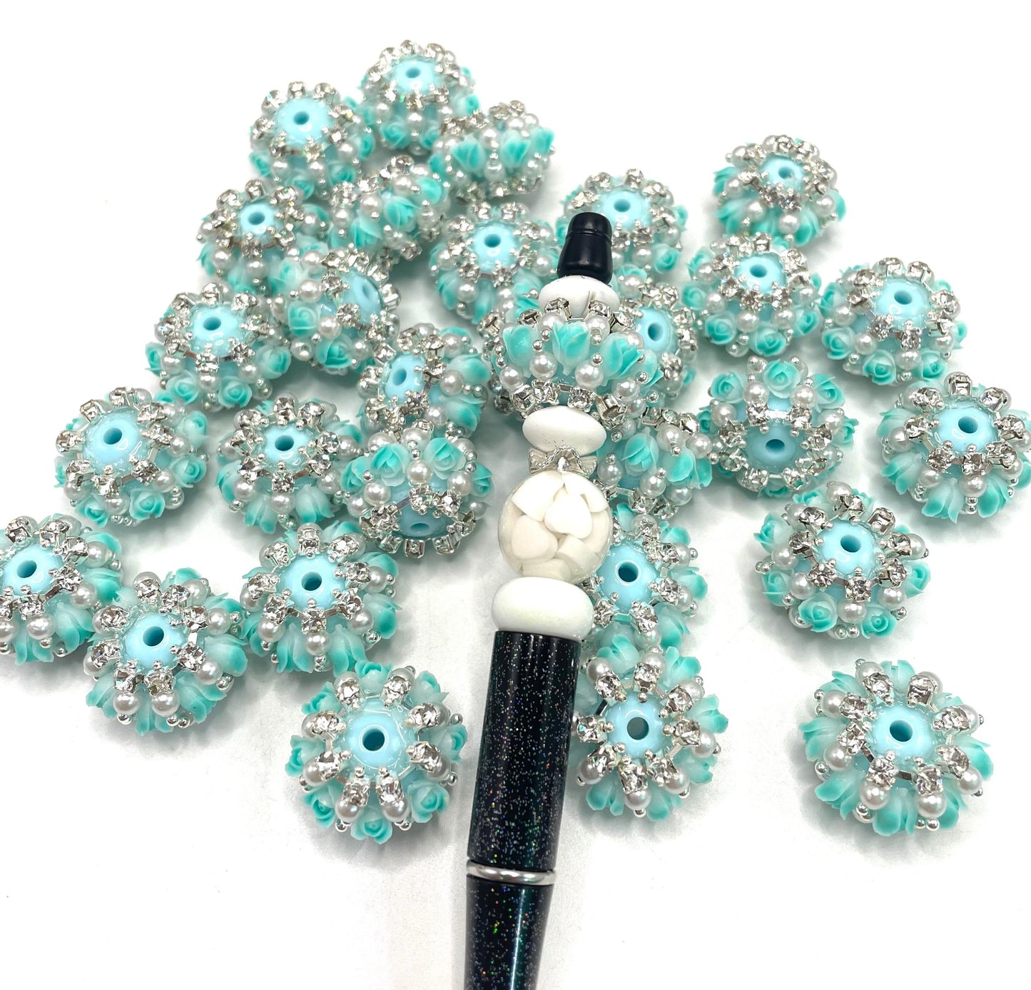 fancy Flower tulip flower acrylic solid bead base ornament with tulip flower Chain rhinestone Pearl  24mm Random Mix